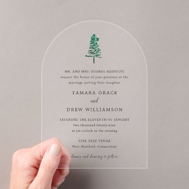 Tamara Pine Tree Modern Wedding Acrylic Invitations (Insitu (Handheld))