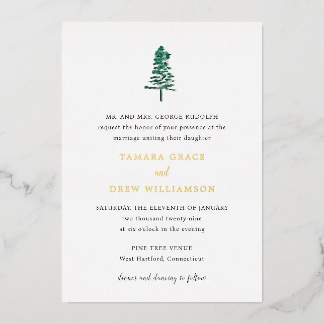 Tamara Pine Tree Modern Wedding Foil Invitation (Front)