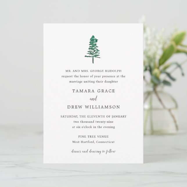 Tamara Pine Tree Modern Wedding Invitation (Standing Front)