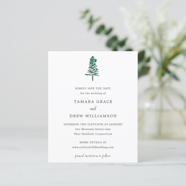 Tamara Pine Tree Modern Wedding Save the Date (Standing Front)