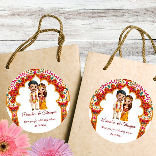 Tamil South Indian wedding cute caricature favor Classic Round Sticker