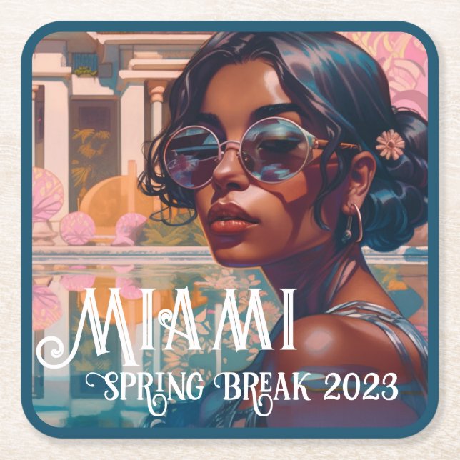 Tamil Woman Miami Resort Pool Painting Square Paper Coaster (Front)