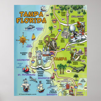 Tampa Florida Cartoon Map Poster
