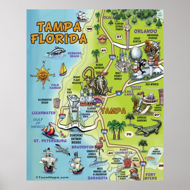 Tampa Florida Cartoon Map Poster (Front)
