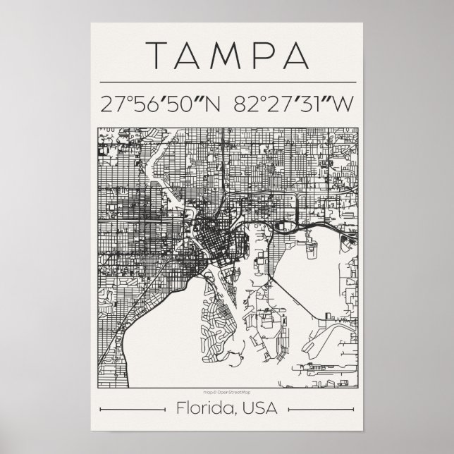 Tampa Florida Charcoal City Map Poster ModernUrban (Front)