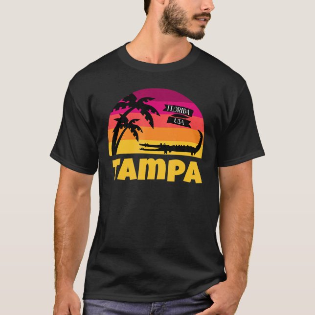 Tampa Florida Retro Sunset And Alligator T-Shirt (Front)