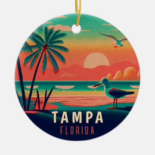 Tampa Florida Vintage Seagull Sunset Souvenirs Ceramic Ornament