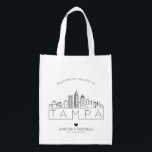 Tampa, Florida  Wedding | Stylized Skyline Grocery Bag<br><div class="desc">A unique wedding bag for a wedding taking place in the beautiful city of Tampa,  Florida.  This bag features a stylized illustration of the city's unique skyline with its name underneath.  This is followed by your wedding day information in a matching open lined style.</div>