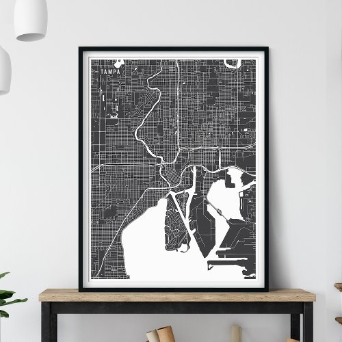 Tampa Map Charcoal Gray Modern Street Map Poster