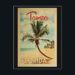 Tampa Postcard Palm Tree Vintage Travel<br><div class="desc">A uniquely retro mid-century modern Tampa Florida art print in vintage travel poster style. It features a curved palm tree on sandy beach with ocean under a blue cloudy sky.</div>