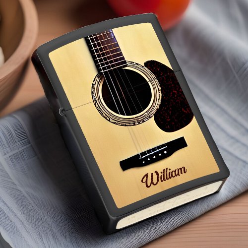 Tan Acoustic Guitar Woodgrain Guitarist Name Text Zippo Lighter