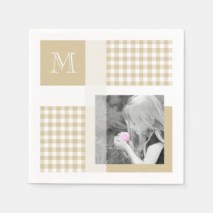 Tan Add Your Photo Gingham Modern Brown Monogram Napkins