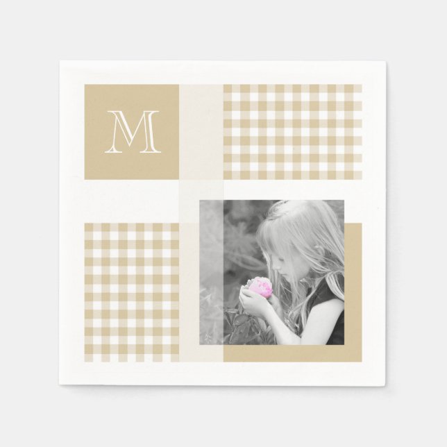Tan Add Your Photo Gingham Modern Brown Monogram Napkins (Front)