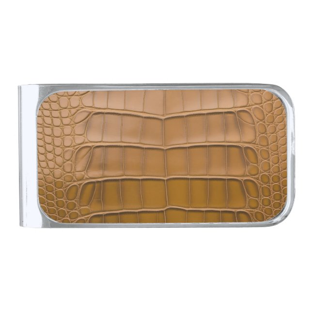 Tan Alligator Pattern Home Decor Silver Finish Money Clip (Front)