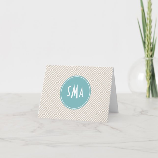 Tan and Aqua Greek Key Pattern Monogram Note Card (Front)