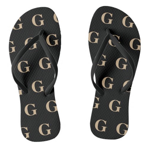 Tan and Black Monogram Pattern Flip Flops