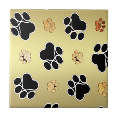 Tan and black paw print on a gold background 1 ceramic tile