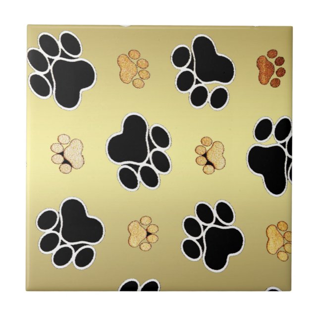 Tan and black paw print on a gold background #1 ceramic tile (Front)
