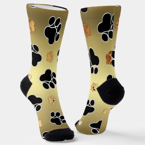 Tan and black paw print on a gold background 1 socks
