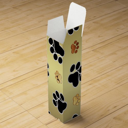 Tan and black paw print on a gold background 1 wine gift box