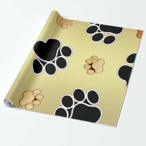 Tan and black paw print on a gold background 1 wrapping paper