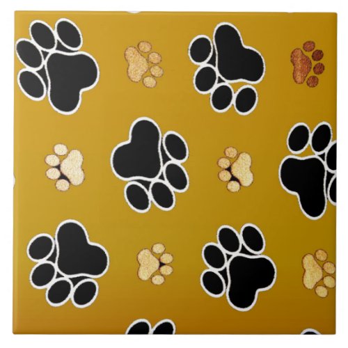Tan and black paw print on a gold background 2 ceramic tile