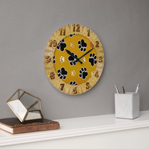 Tan and black paw print on a gold background 2 large clock