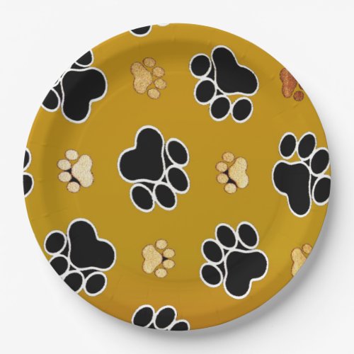 Tan and black paw print on a gold background 2 paper plates