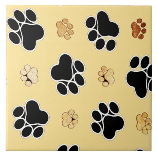 Tan and black paw print on a gold background 3 ceramic tile