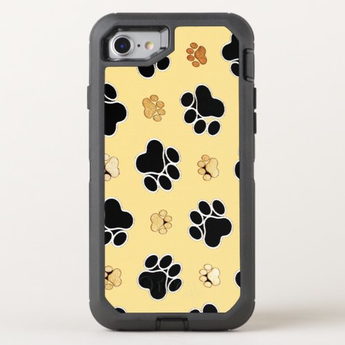 Tan and black paw print on a gold background 3 OtterBox defender iPhone SE87 case