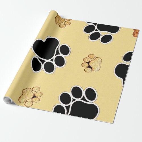 Tan and black paw print on a gold background 3 wrapping paper
