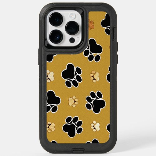 Tan and black paw print on a gold background 4 OtterBox iPhone 14 pro max case