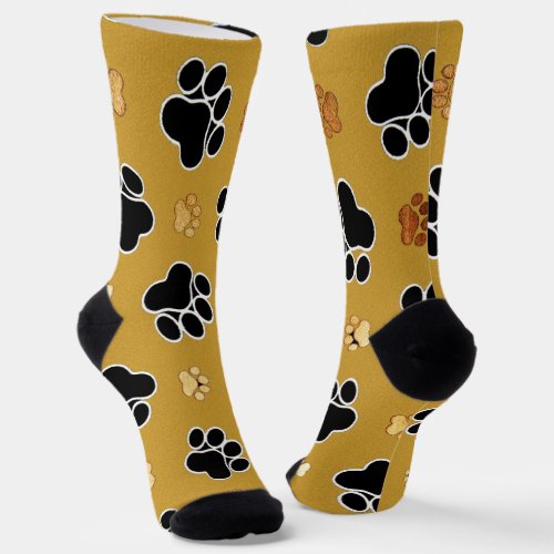Tan and black paw print on a gold background 4 socks