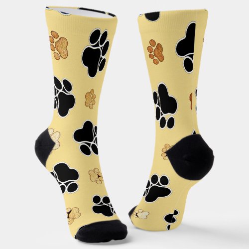 Tan and black paw print on a gold background  socks