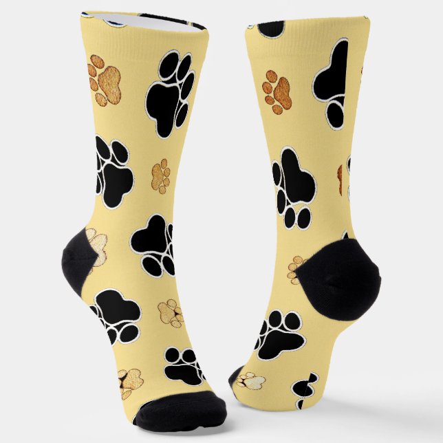 Tan and black paw print on a gold background  socks (Angled)