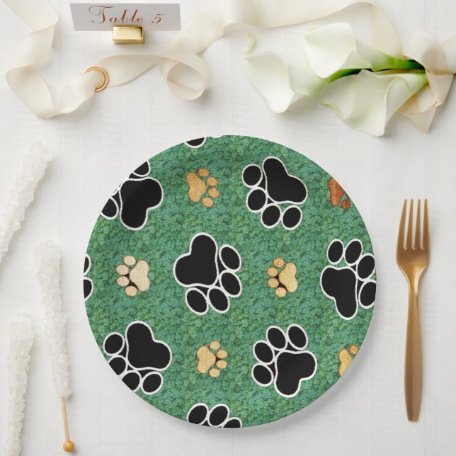 Tan and black paw print on green grass paper plates (Wedding)