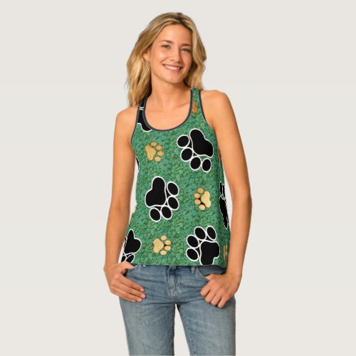 Tan and black paw print on green grass tank top