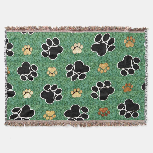 Tan and black paw print on green grass throw blanket (Front)