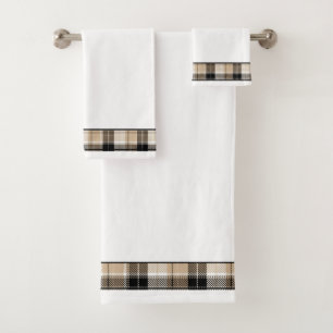 Tan and black plaid bath towel set