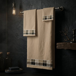 Tan and black plaid bath towel set