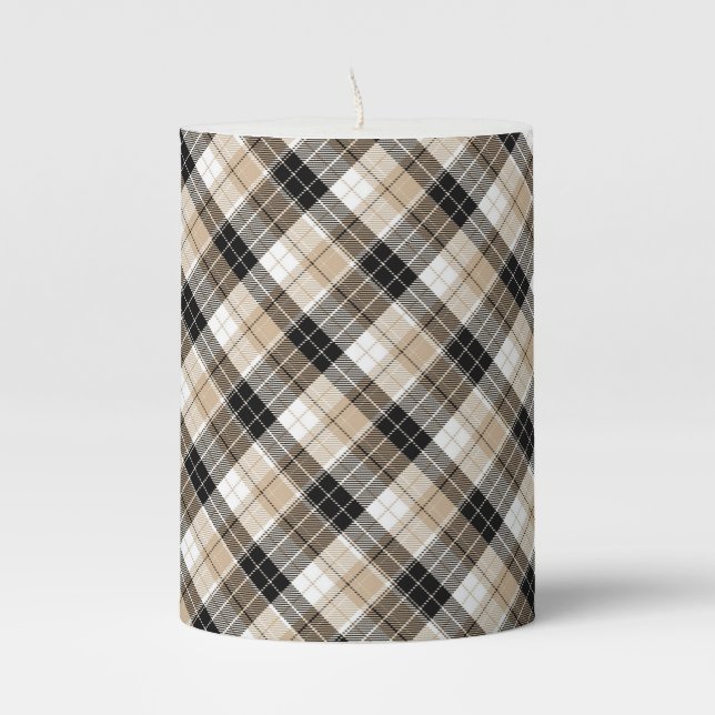 Tan and black plaid pillar candle (Front)