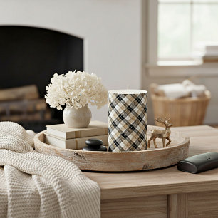 Tan and black plaid pillar candle