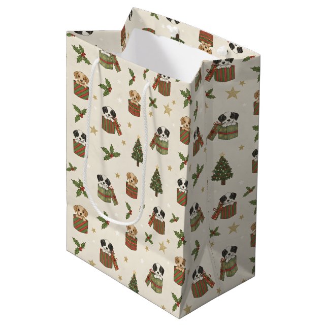 Tan and Black & White Puppies Christmas Pattern Medium Gift Bag (Front Angled)
