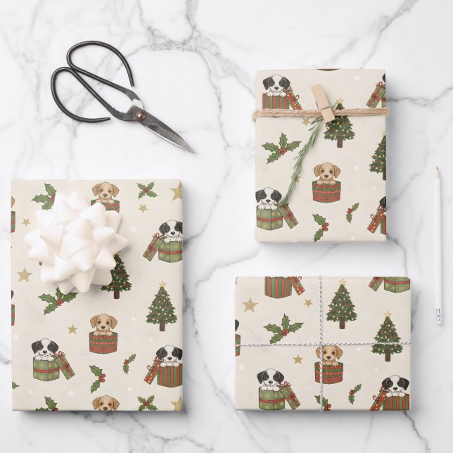 Tan and Black & White Puppies Christmas Pattern Wrapping Paper Sheets (Front)