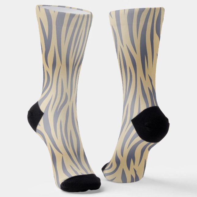 Tan and Black Zebra Stripe Crew Socks (Angled)