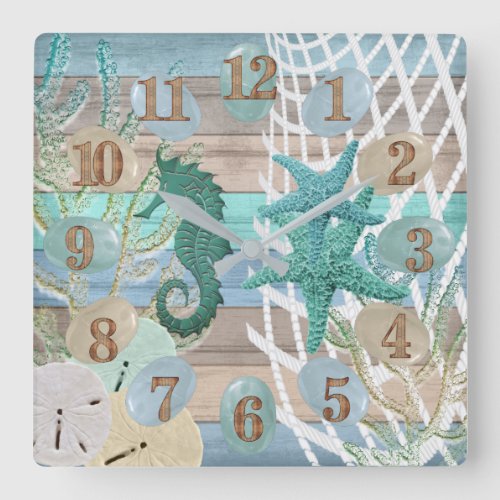 Tan and Blue Beach Wood Nautical Square Wall Clock