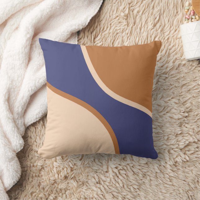 Tan and Blue Minimalist Swirl Shapes and Edges Throw Pillow (Blanket)