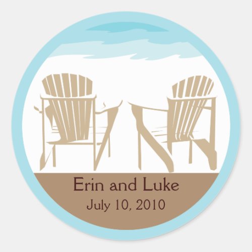 Tan and Blue Two Adirondack Beach Chairs  Wedding Classic Round Sticker