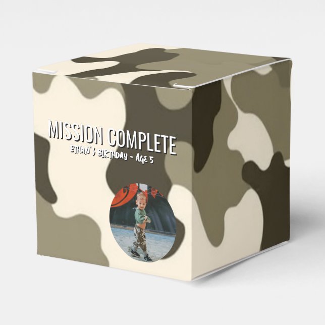 Tan and Brown Army Style Mission Complete Favor Boxes (Front Side)