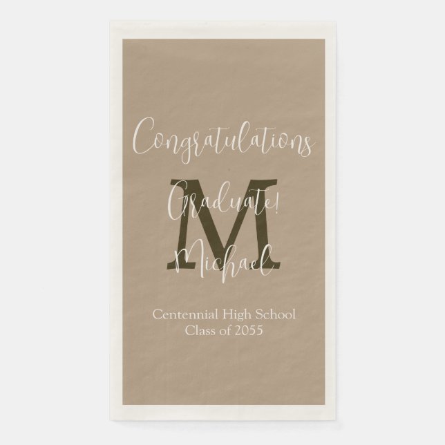 Tan and Brown Monogrammed Minimal Graduation Party Paper Guest Towels (Front)